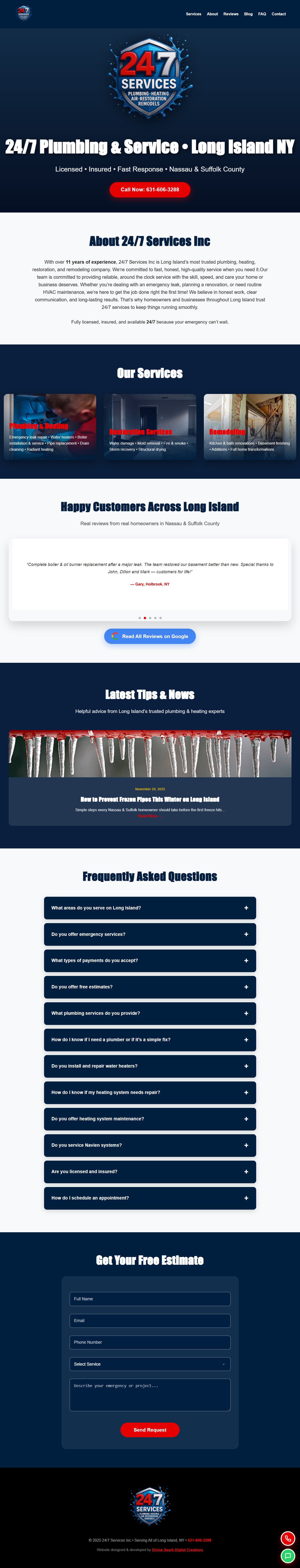 24/7 Plumbing website design, built by Divine Spark Digital Creations